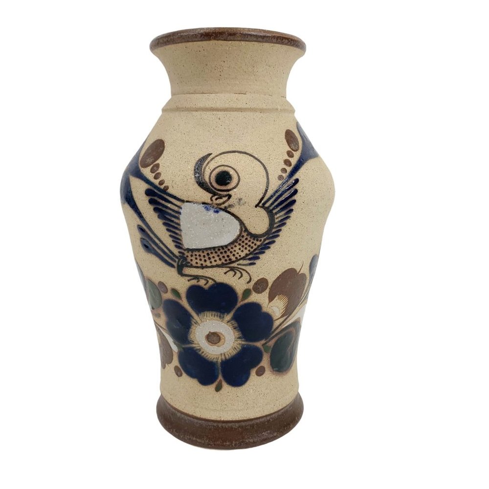 Tonala Mexico VASE Art Pottery J Campe Artist Signed Hand Painted Folk Art Bird